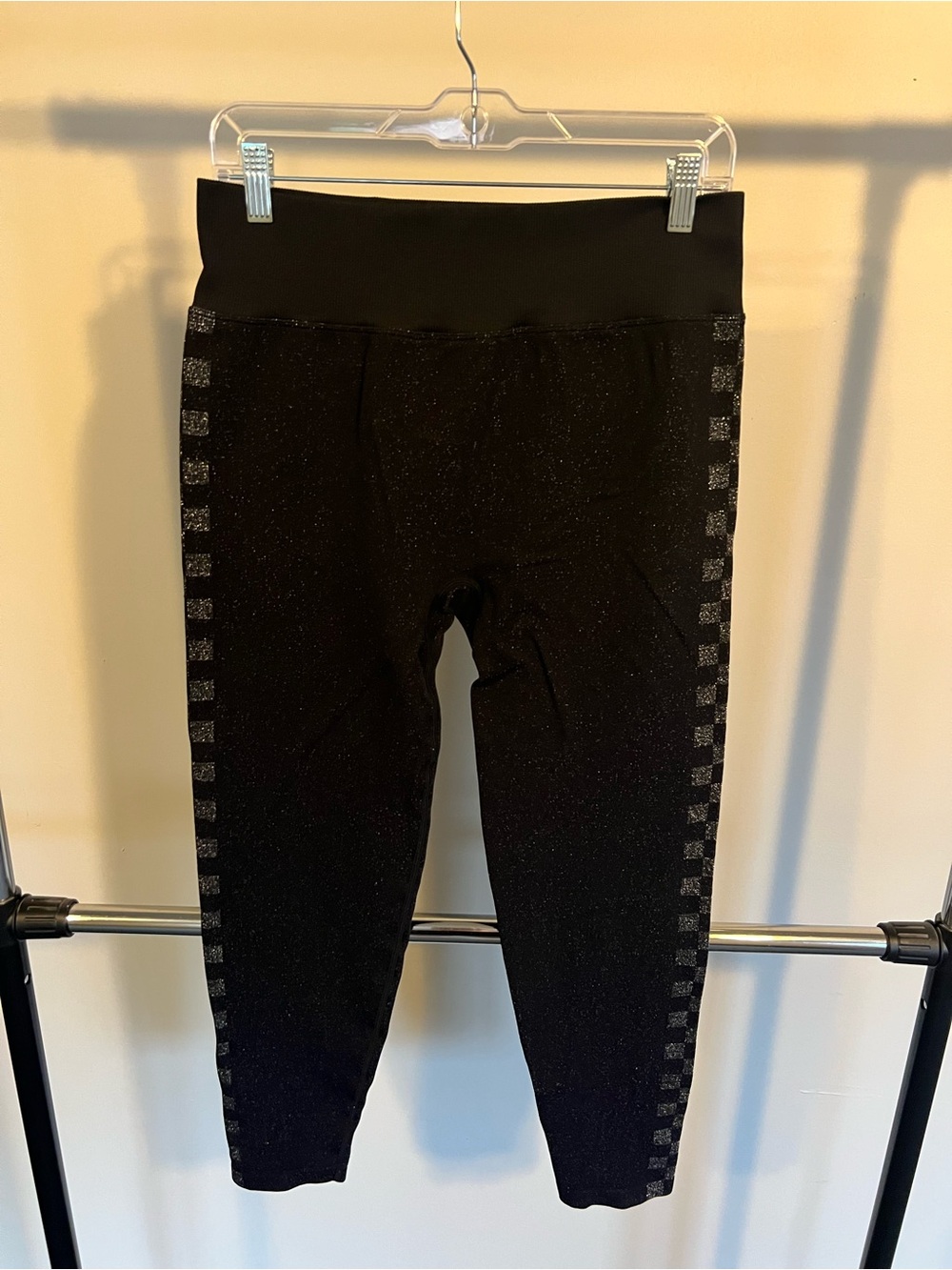 PINK Victoria's Secret Black Sparkle Leggings with Side Checker Stripe